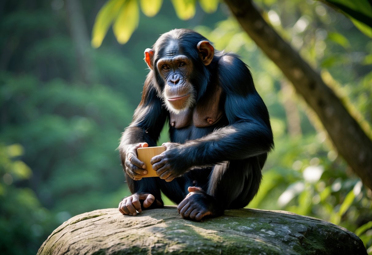 A chimpanzee sitting on a rock in a forest, looking closely at a wooden puzzle in its hands.