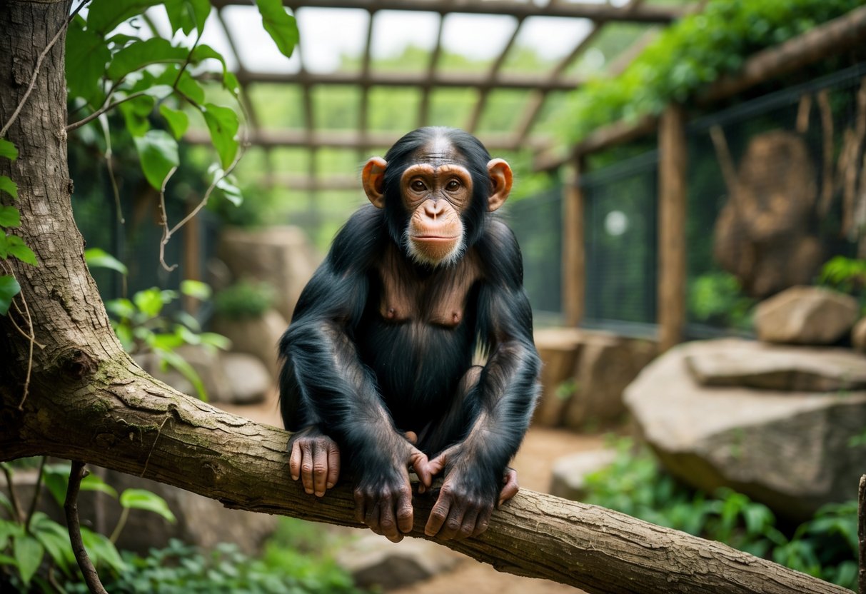 A young chimpanzee sitting on a tree branch in a natural outdoor enclosure surrounded by green plants and rocks.