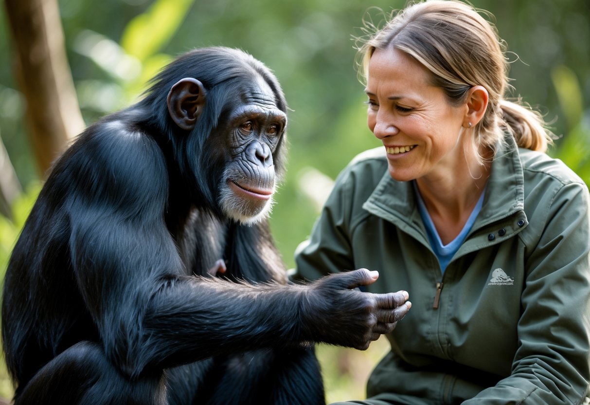 A chimpanzee and a human sitting close together outdoors, gently touching hands and sharing a moment of connection.