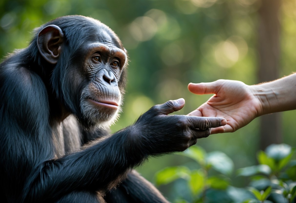 A chimpanzee and a human gently reaching out to touch hands in a green outdoor setting.