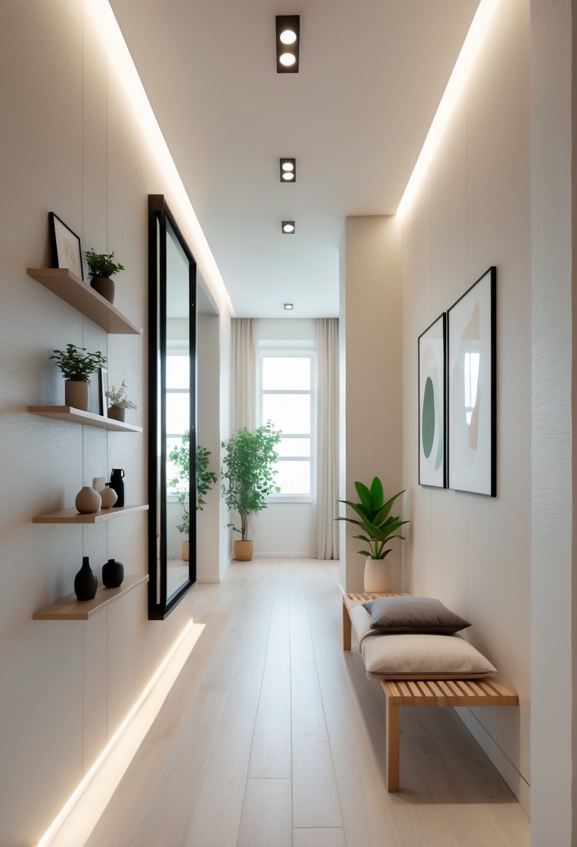 Hallway Makeover Ideas 2026: 22 Stylish Ways To Refresh Your Space 2 A bright hallway with light hardwood floors, neutral walls, a large mirror, wall shelves with plants and decor, a wooden bench with a cushion, and abstract paintings at the end.