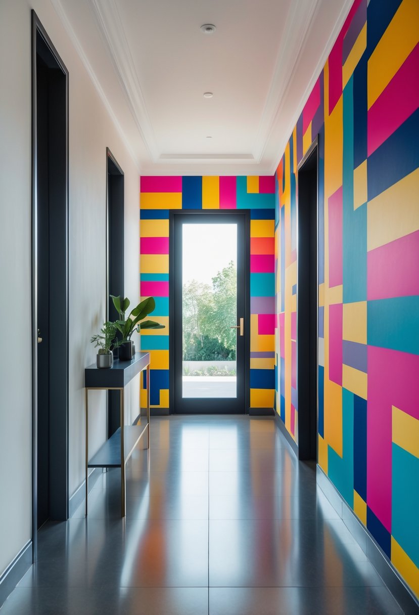 Hallway Makeover Ideas 2026: 22 Stylish Ways To Refresh Your Space 4 A hallway with bold geometric patterned wallpaper, a polished floor, and a small console table with a plant.