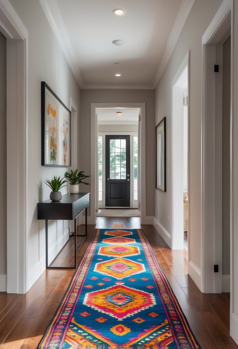 Hallway Makeover Ideas 2026: 22 Stylish Ways To Refresh Your Space 5 A bright hallway with a long colorful runner rug on a wooden floor, decorated with a small plant and framed pictures on the wall.