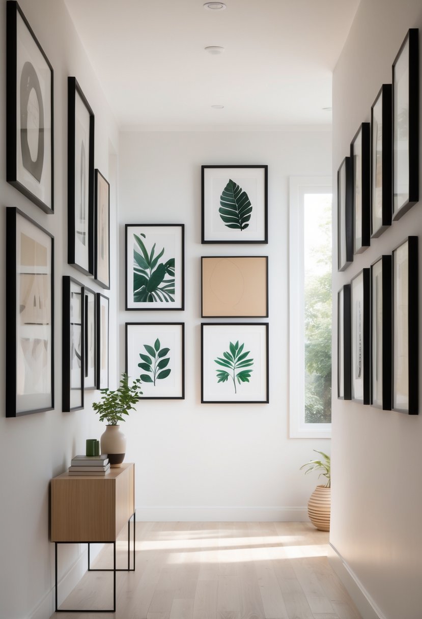Hallway Makeover Ideas 2026: 22 Stylish Ways To Refresh Your Space 6 A hallway with a gallery wall of framed artworks above a narrow console table with decorative items.