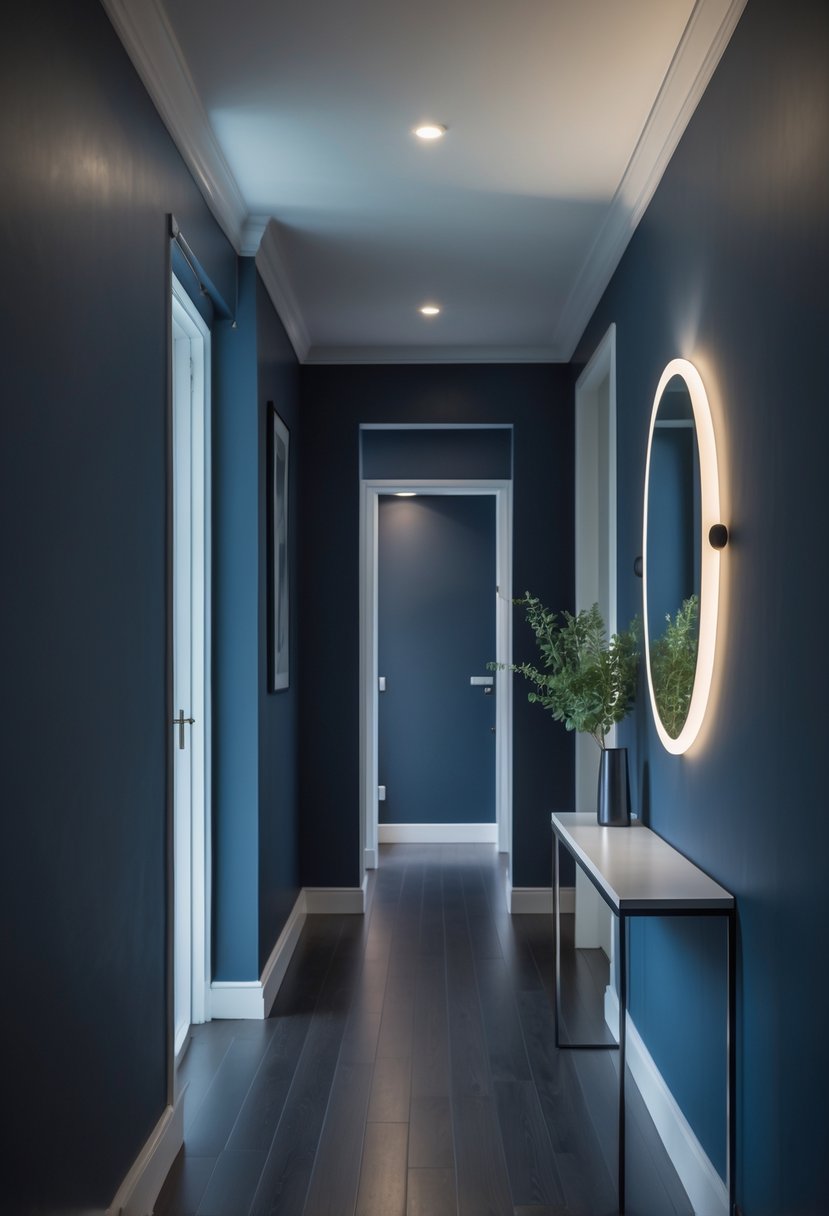 Hallway Makeover Ideas 2026: 22 Stylish Ways To Refresh Your Space 7 A hallway painted in a deep, dark color with a console table and a wall mirror.