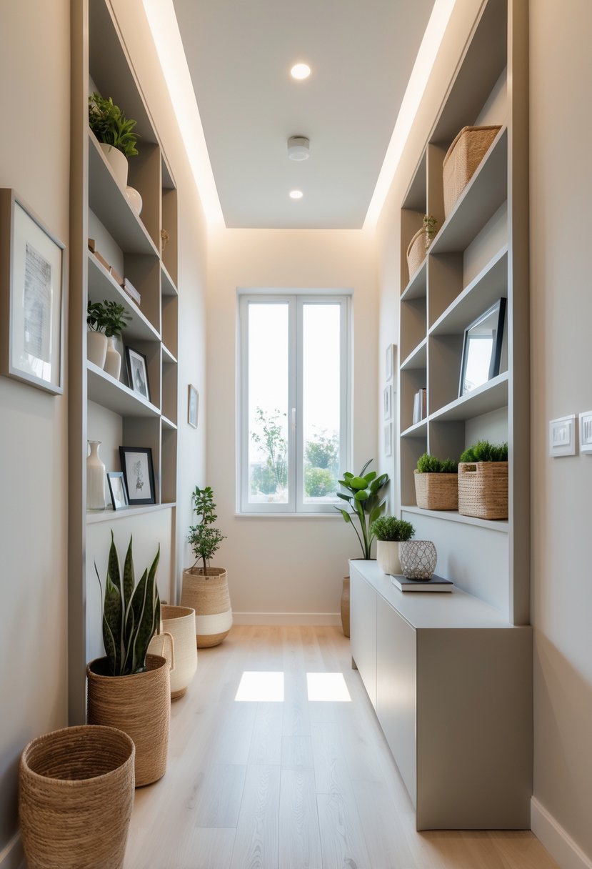 Hallway Makeover Ideas 2026: 22 Stylish Ways To Refresh Your Space 8 A bright hallway with built-in shelves holding decorative items and storage baskets along the wall.