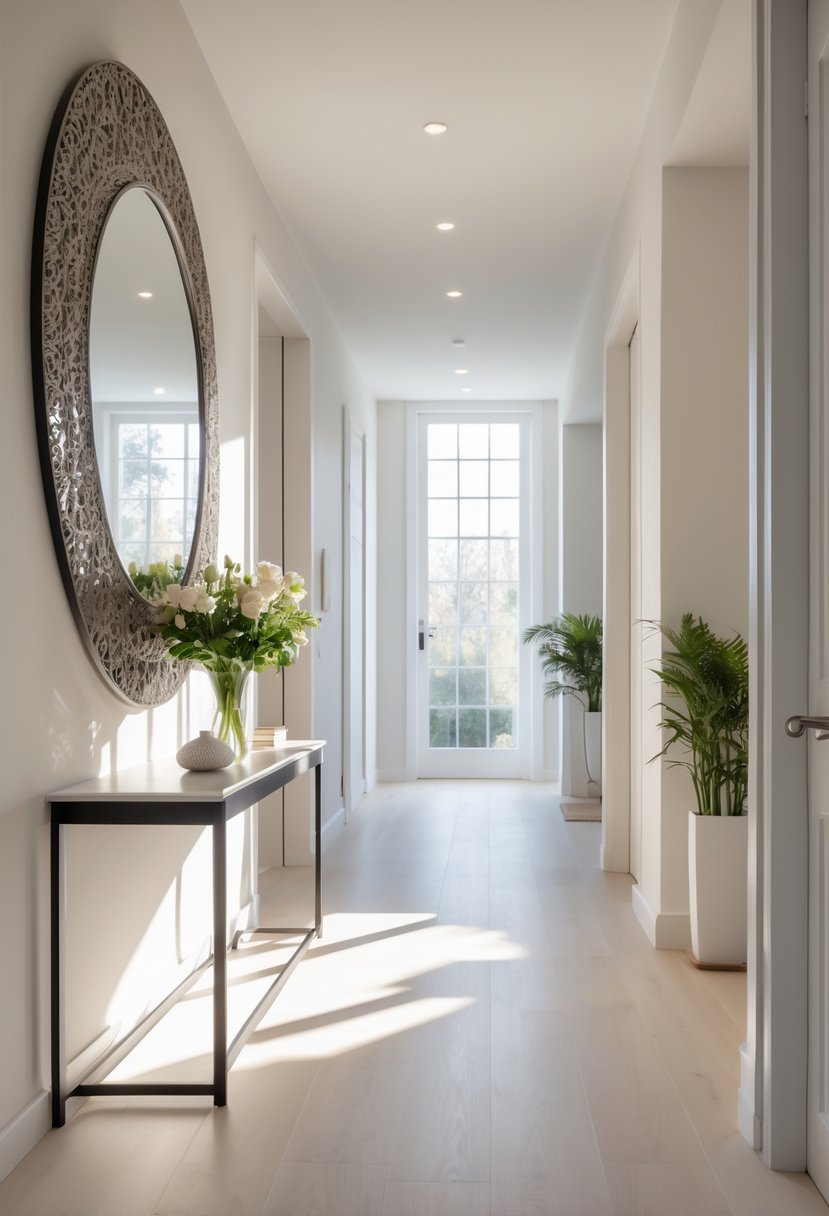 Hallway Makeover Ideas 2026: 22 Stylish Ways To Refresh Your Space 9 A bright hallway with a large decorative mirror on the wall, wooden floor, and a small table with a vase of flowers.