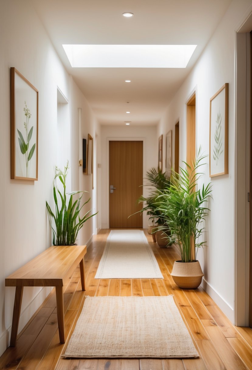 Hallway Makeover Ideas 2026: 22 Stylish Ways To Refresh Your Space 10 A bright hallway with bamboo flooring, white walls, a wooden bench, green plants, and framed artwork.