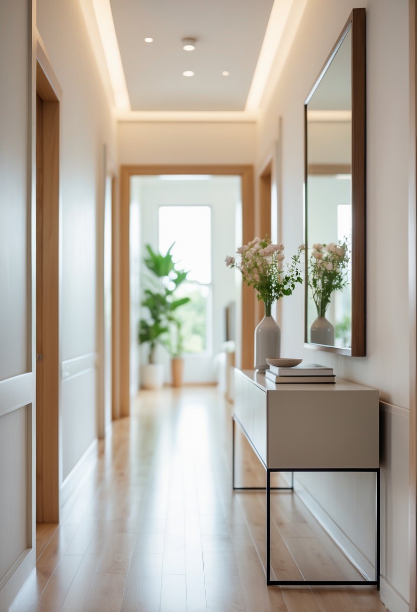 Hallway Makeover Ideas 2026: 22 Stylish Ways To Refresh Your Space 11 A bright hallway with a sleek console table decorated with a vase, lamp, and books.