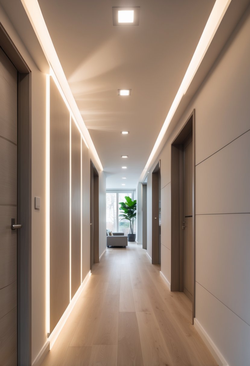 Hallway Makeover Ideas 2026: 22 Stylish Ways To Refresh Your Space 12 A hallway with recessed LED ceiling lights providing soft, subtle brightness over neutral walls and light hardwood flooring.