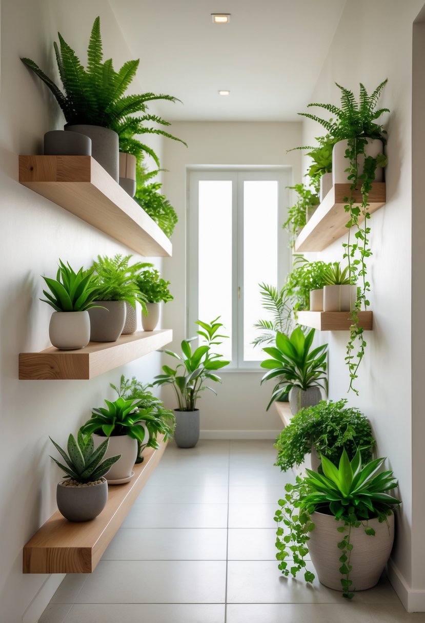 Hallway Makeover Ideas 2026: 22 Stylish Ways To Refresh Your Space 13 A hallway with floating wooden shelves displaying various green potted plants along a light-colored wall.
