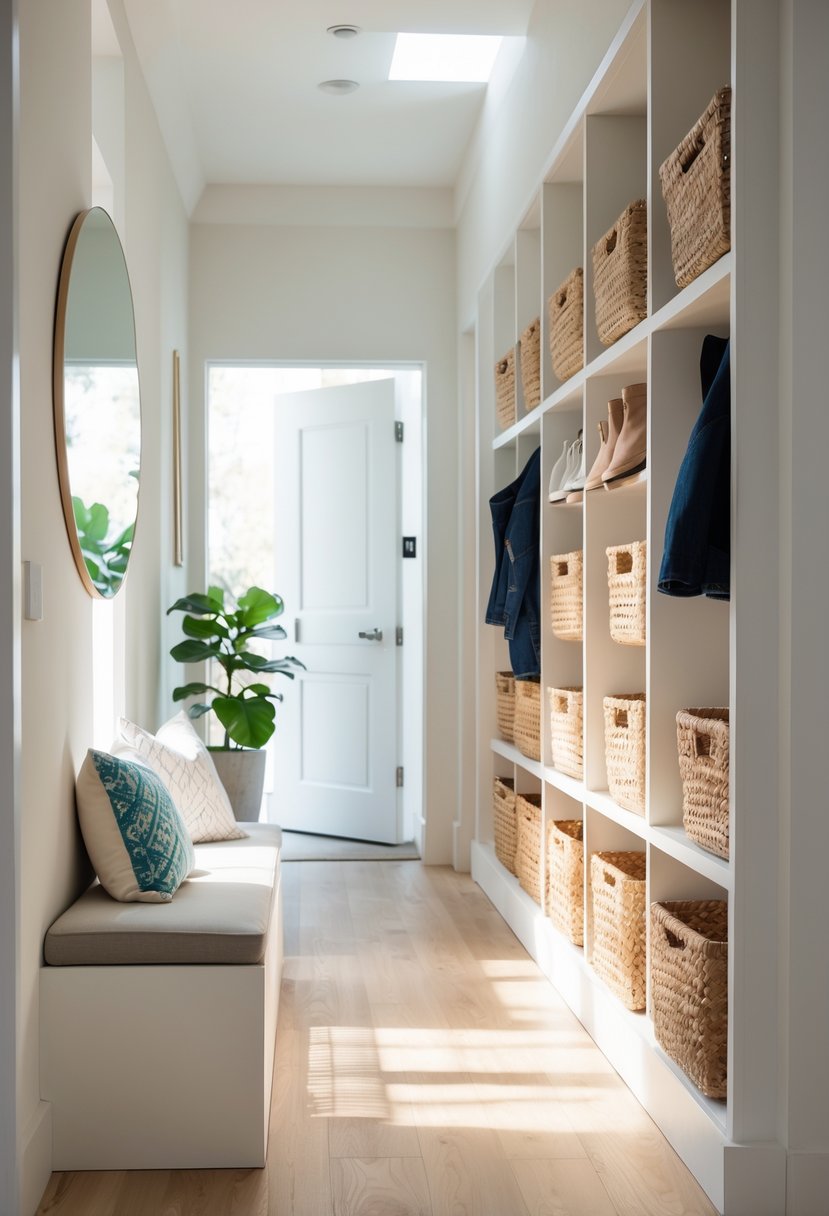 Hallway Makeover Ideas 2026: 22 Stylish Ways To Refresh Your Space 14 A hallway with built-in cubbies holding shoes and bags, a bench below, and natural light coming through a window.