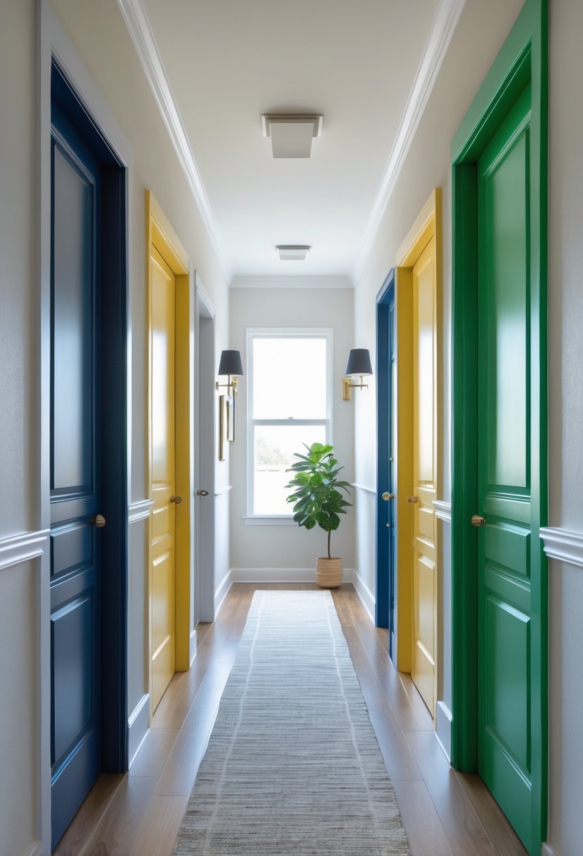 Hallway Makeover Ideas 2026: 22 Stylish Ways To Refresh Your Space 15 A bright hallway with several doors painted in different bold colors, featuring a hardwood floor and minimal decor.