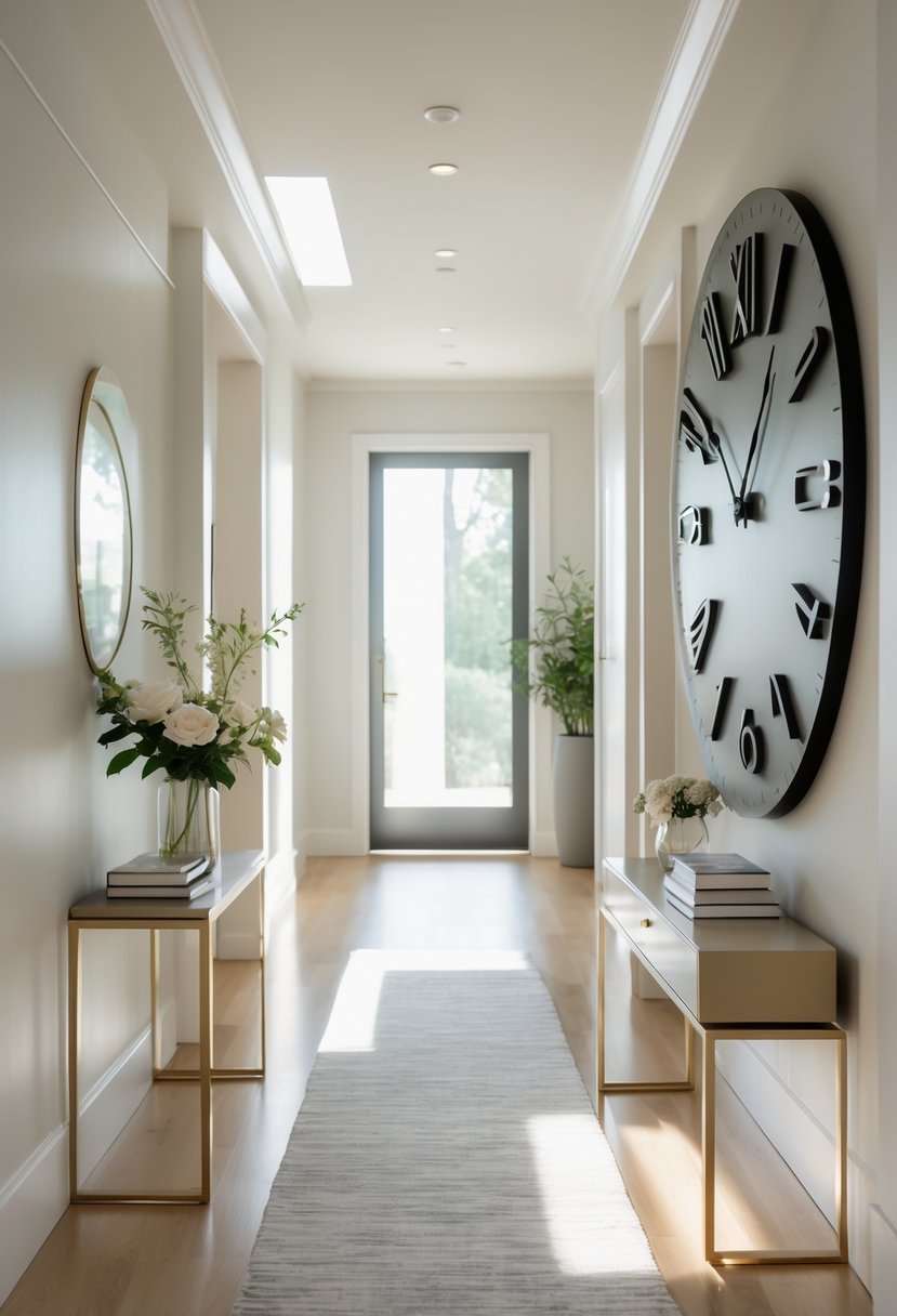 Hallway Makeover Ideas 2026: 22 Stylish Ways To Refresh Your Space 18 A bright hallway with a large wall clock, a console table with flowers, and a runner rug on a wooden floor.