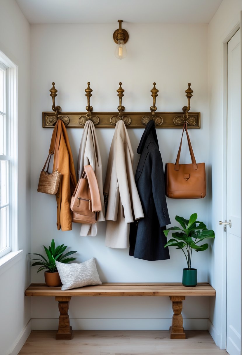 Hallway Makeover Ideas 2026: 22 Stylish Ways To Refresh Your Space 19 A hallway with vintage brass hooks holding coats and bags above a wooden bench with a cushion and a small plant on the floor.