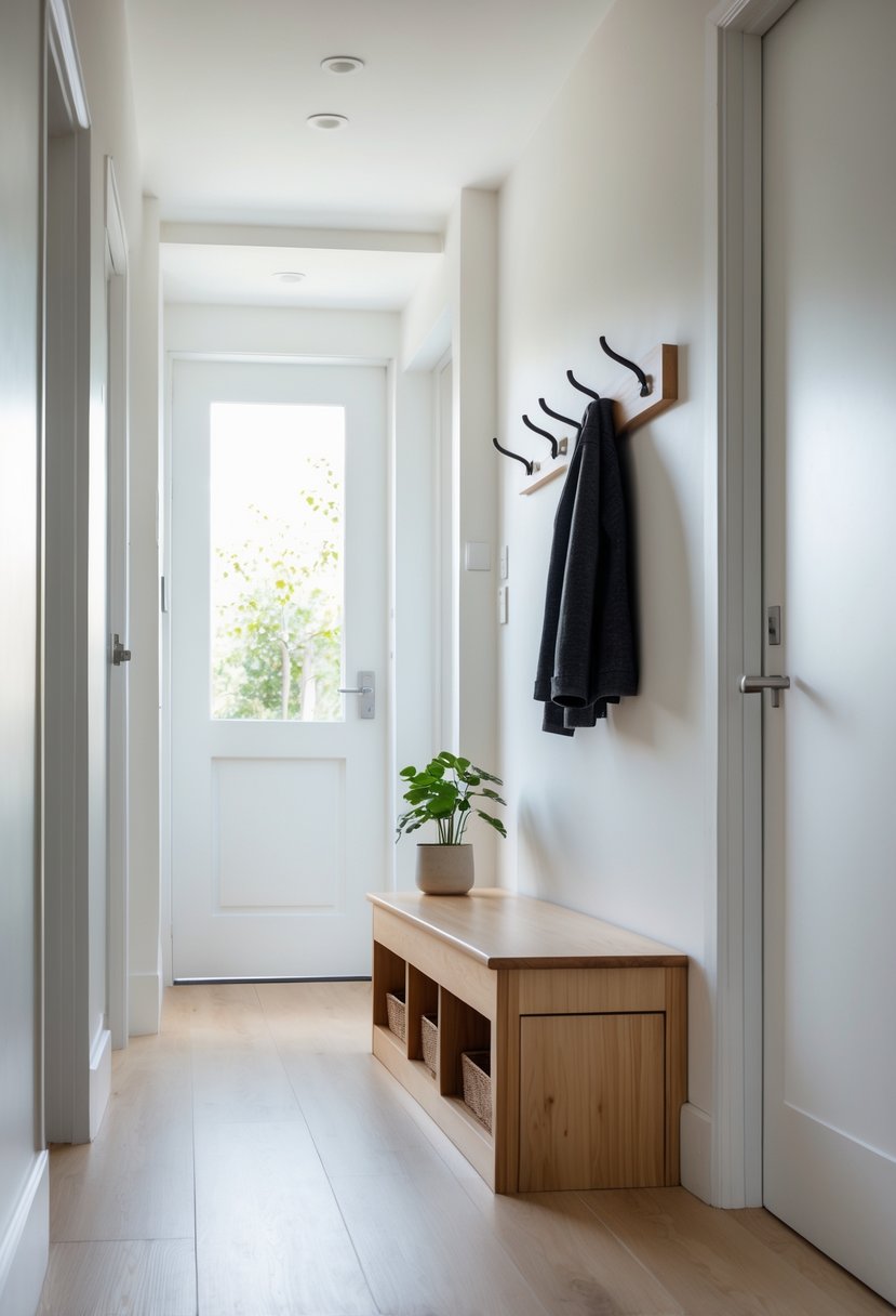 Hallway Makeover Ideas 2026: 22 Stylish Ways To Refresh Your Space 20 A hallway with a small wooden bench featuring hidden storage underneath, a potted plant on the bench, and a wall-mounted coat rack above.