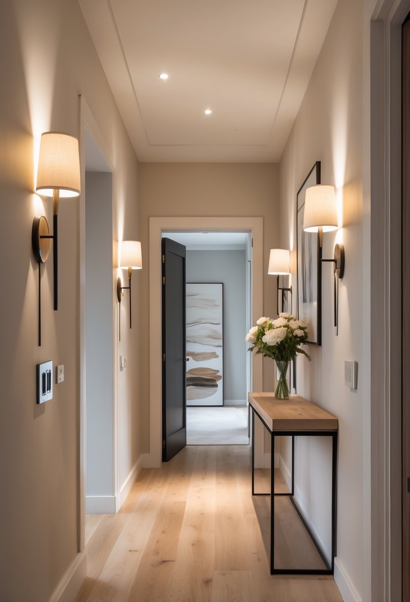 Hallway Makeover Ideas 2026: 22 Stylish Ways To Refresh Your Space 22 A hallway with wall sconces emitting warm light and dimmer switches near the doorframe, featuring light walls, wooden floor, and minimal decor.