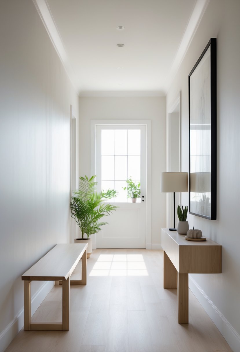 Hallway Makeover Ideas 2026: 22 Stylish Ways To Refresh Your Space 24 A bright hallway with light wood flooring, a wooden bench, a small plant, a narrow console table with a lamp, and a framed artwork on the wall.