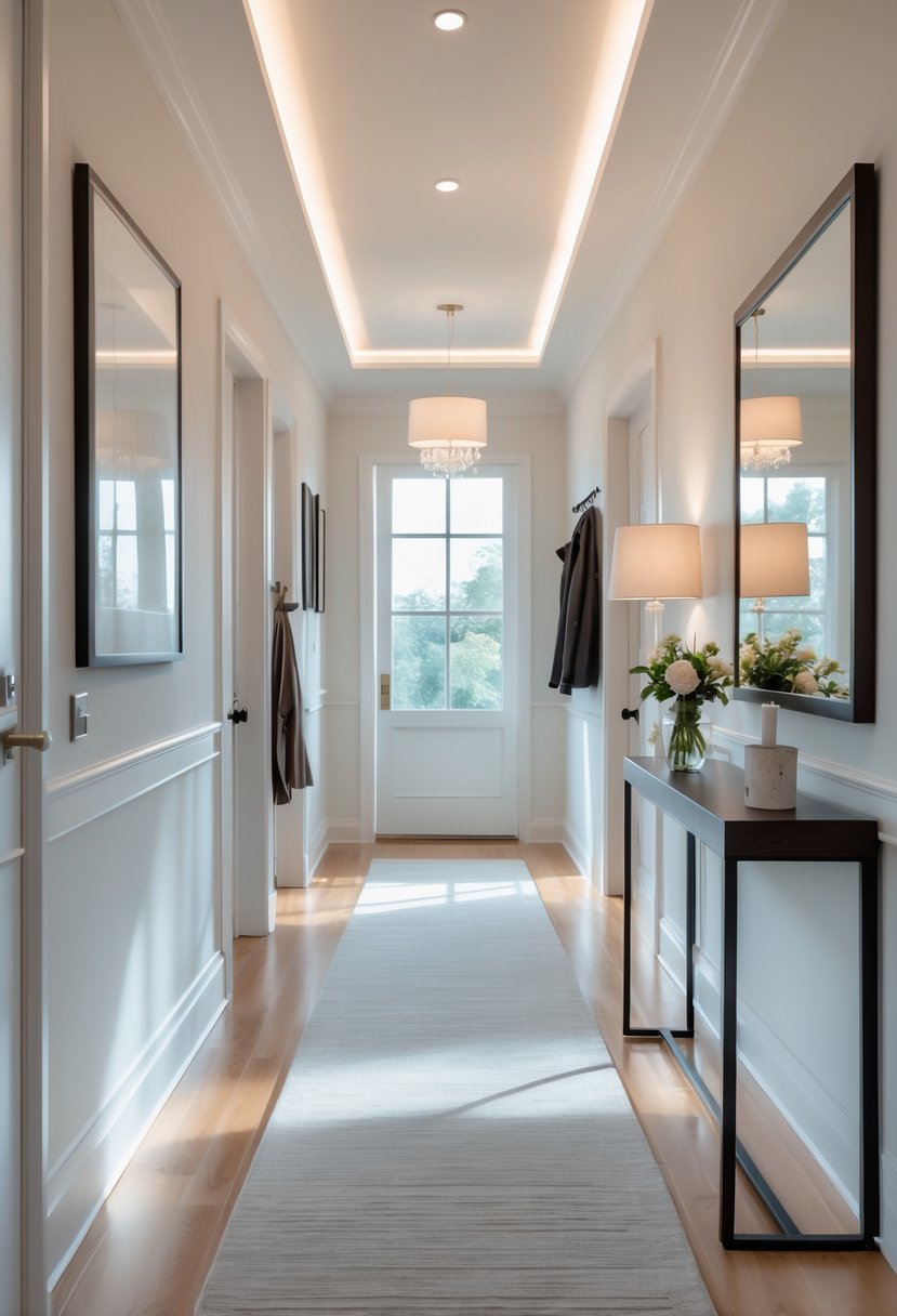 Hallway Makeover Ideas 2026: 22 Stylish Ways To Refresh Your Space 25 A bright and tidy modern hallway with wooden floors, artwork on the walls, a console table with flowers, a coat rack, and a full-length mirror.