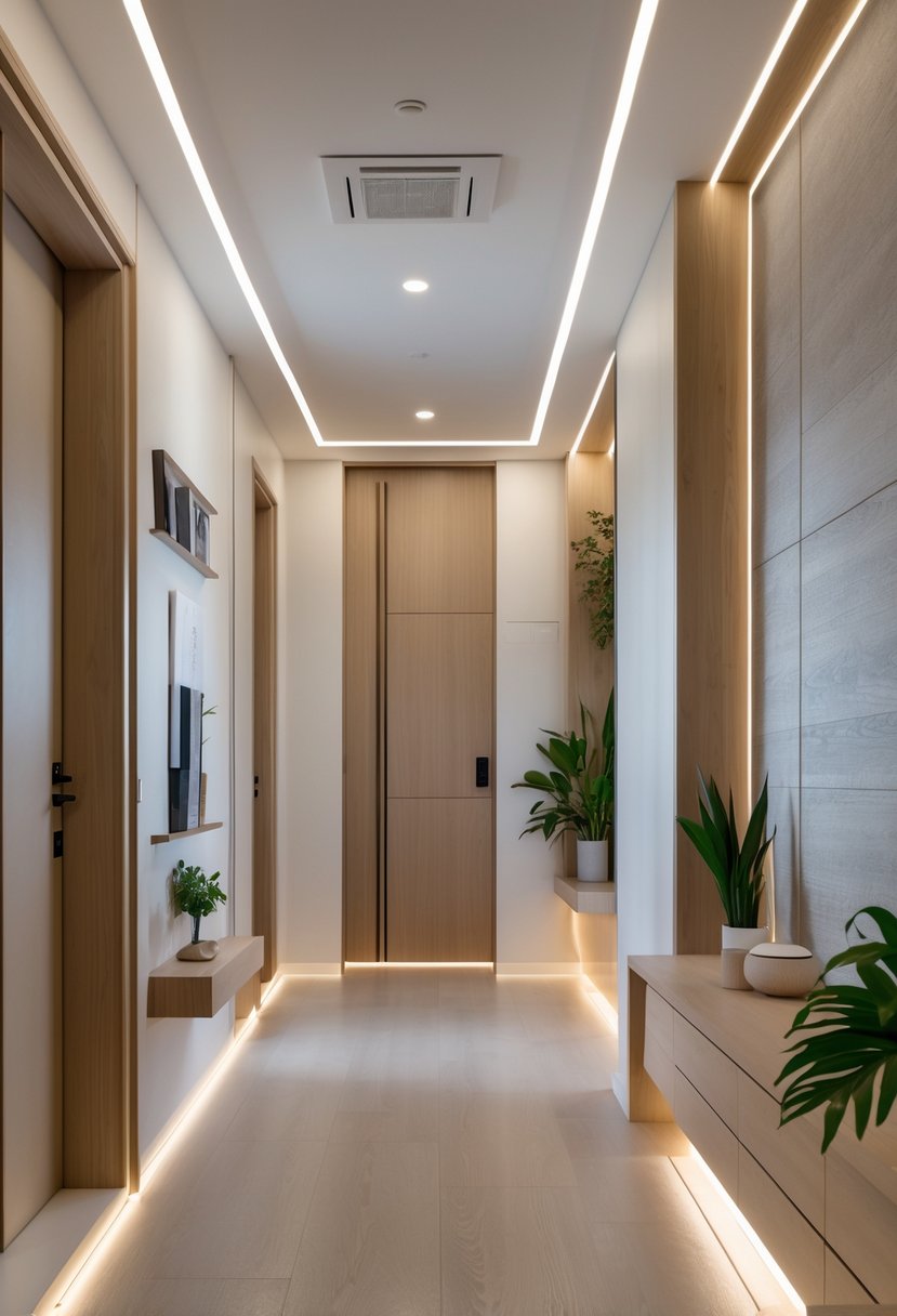 Hallway Makeover Ideas 2026: 22 Stylish Ways To Refresh Your Space 26 A bright, modern hallway with clean lines, wood accents, recessed lighting, and minimalist decor.