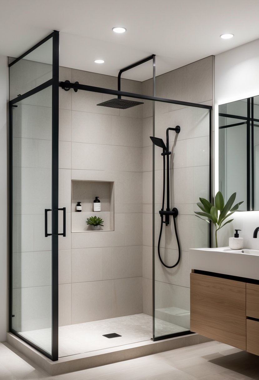 Shower Makeover Ideas 2026: 22 Stylish Upgrades for a Modern Bathroom 2 A modern bathroom with a sleek glass shower, matte black fixtures, neutral tiles, and a wooden vanity with a mirror.