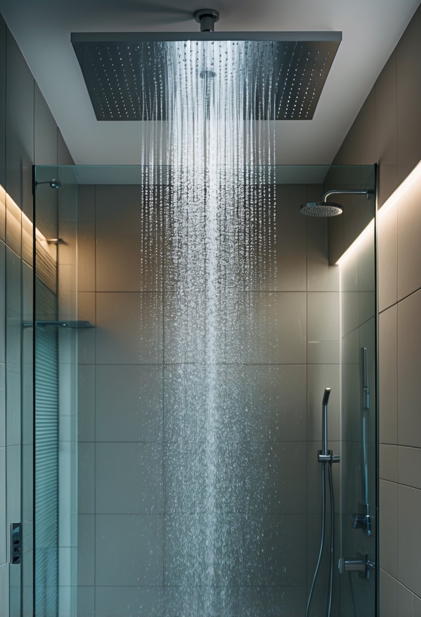 Shower Makeover Ideas 2026: 22 Stylish Upgrades for a Modern Bathroom 4 A modern bathroom with a large rainfall showerhead pouring water inside a glass-enclosed shower area.