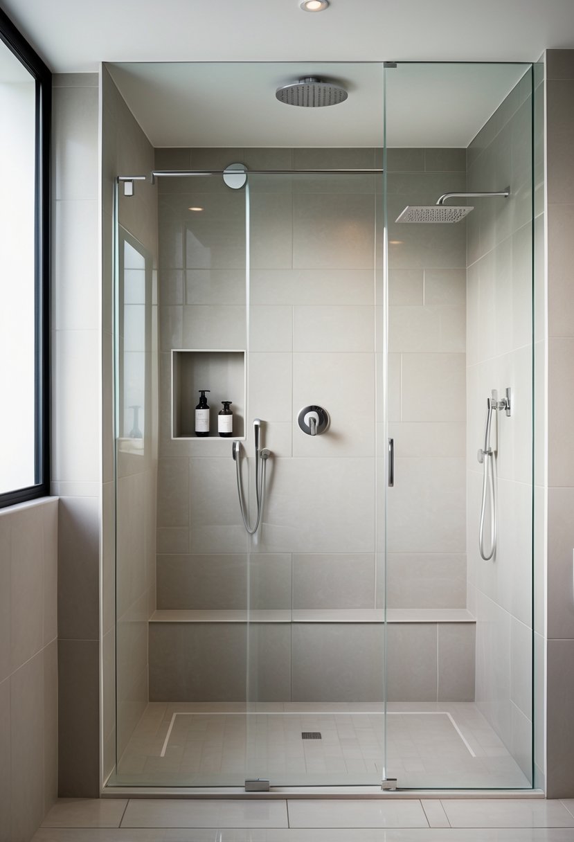 Shower Makeover Ideas 2026: 22 Stylish Upgrades for a Modern Bathroom 5 A modern shower with large rectangular tiles, a glass door, and chrome fixtures.