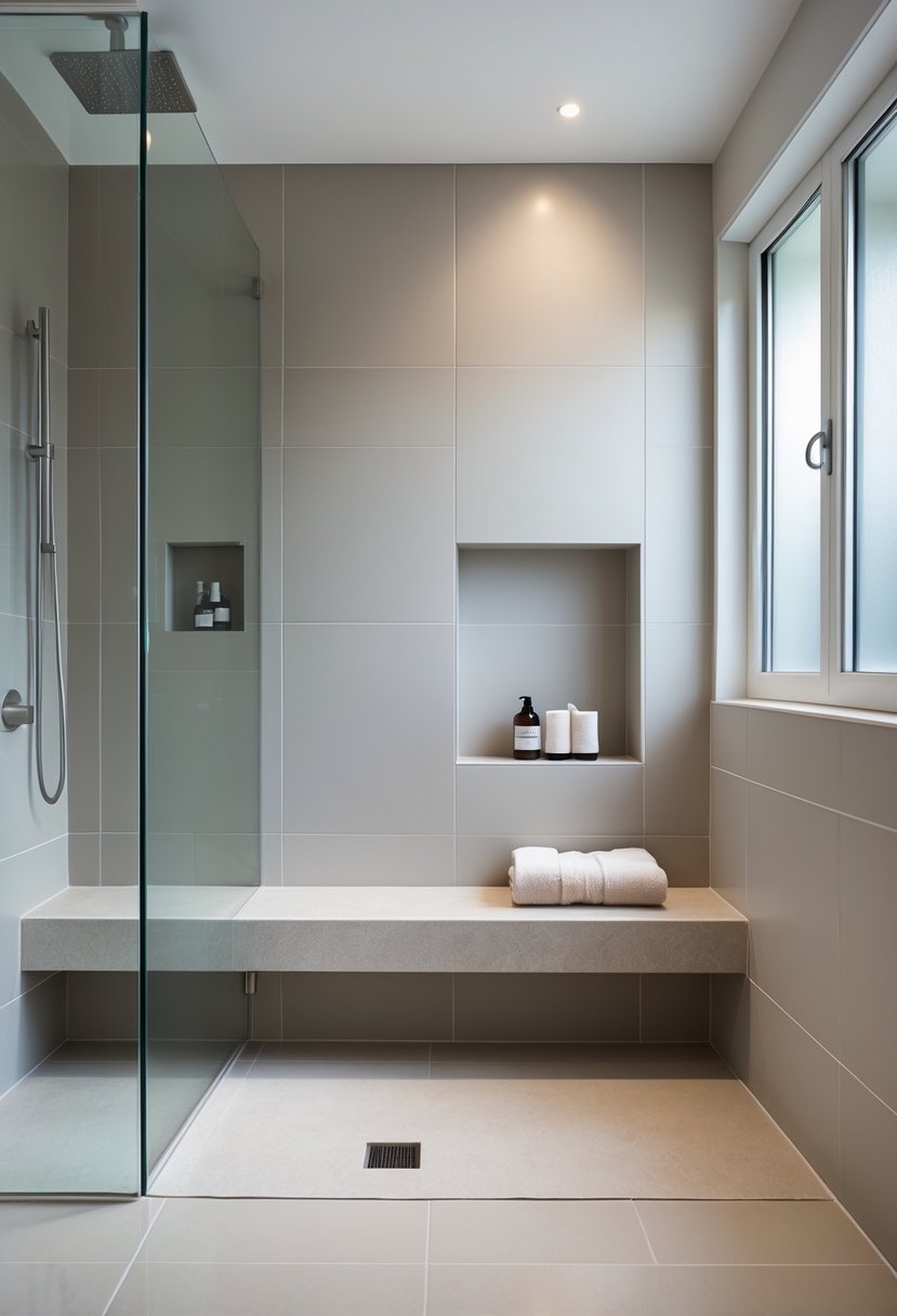 Shower Makeover Ideas 2026: 22 Stylish Upgrades for a Modern Bathroom 6 A modern shower with a built-in bench inside a clean, tiled bathroom with natural light coming through a frosted window.