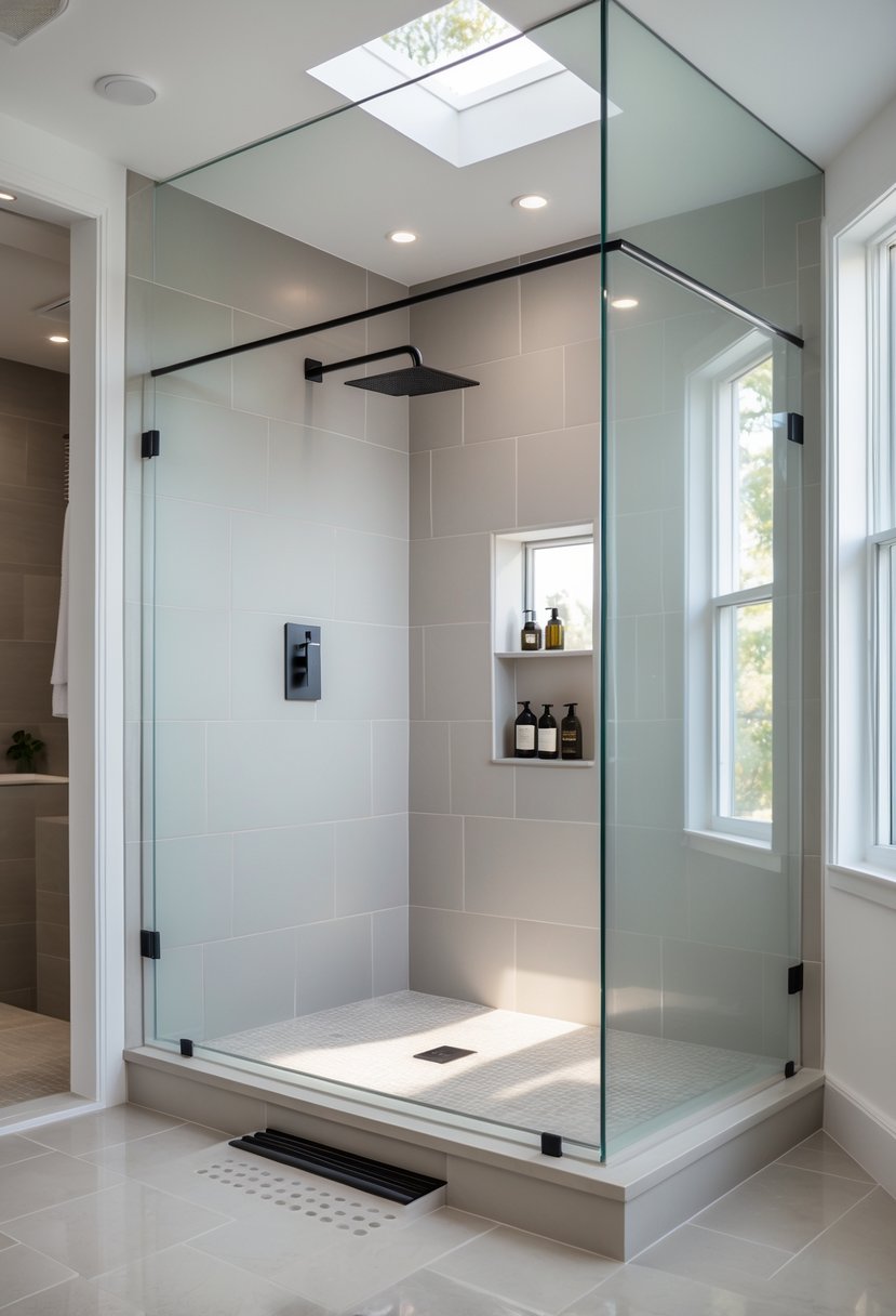 Shower Makeover Ideas 2026: 22 Stylish Upgrades for a Modern Bathroom 7 A modern bathroom with a glass shower enclosure featuring a linear drain and a rainfall showerhead.