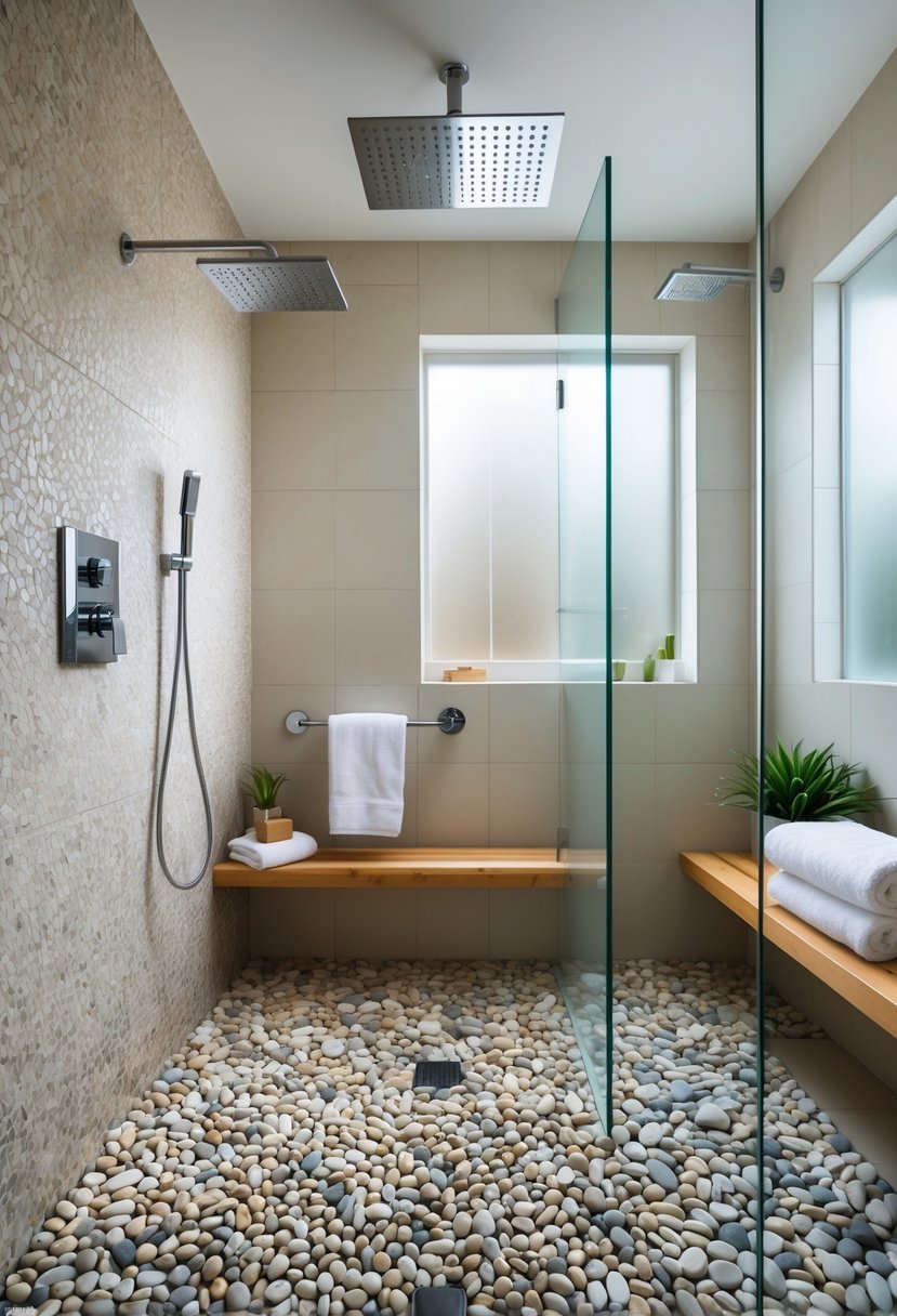 Shower Makeover Ideas 2026: 22 Stylish Upgrades for a Modern Bathroom 8 A modern shower with pebble stone flooring, light-colored tiled walls, a chrome rain showerhead, and natural light coming through a frosted window.