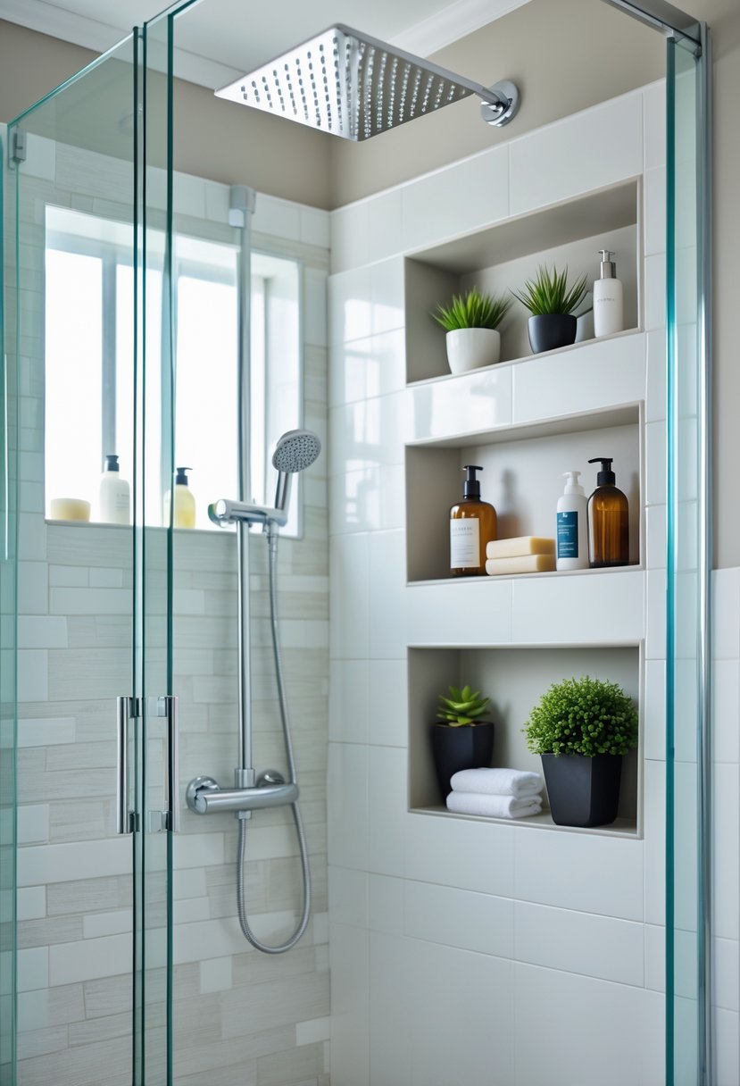 Shower Makeover Ideas 2026: 22 Stylish Upgrades for a Modern Bathroom 9 A modern bathroom shower with built-in niche shelves holding toiletries and plants.