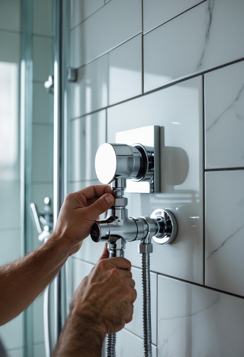 Shower Makeover Ideas 2026: 22 Stylish Upgrades for a Modern Bathroom 10 Close-up of a person installing a thermostatic shower valve on a tiled shower wall in a modern bathroom.