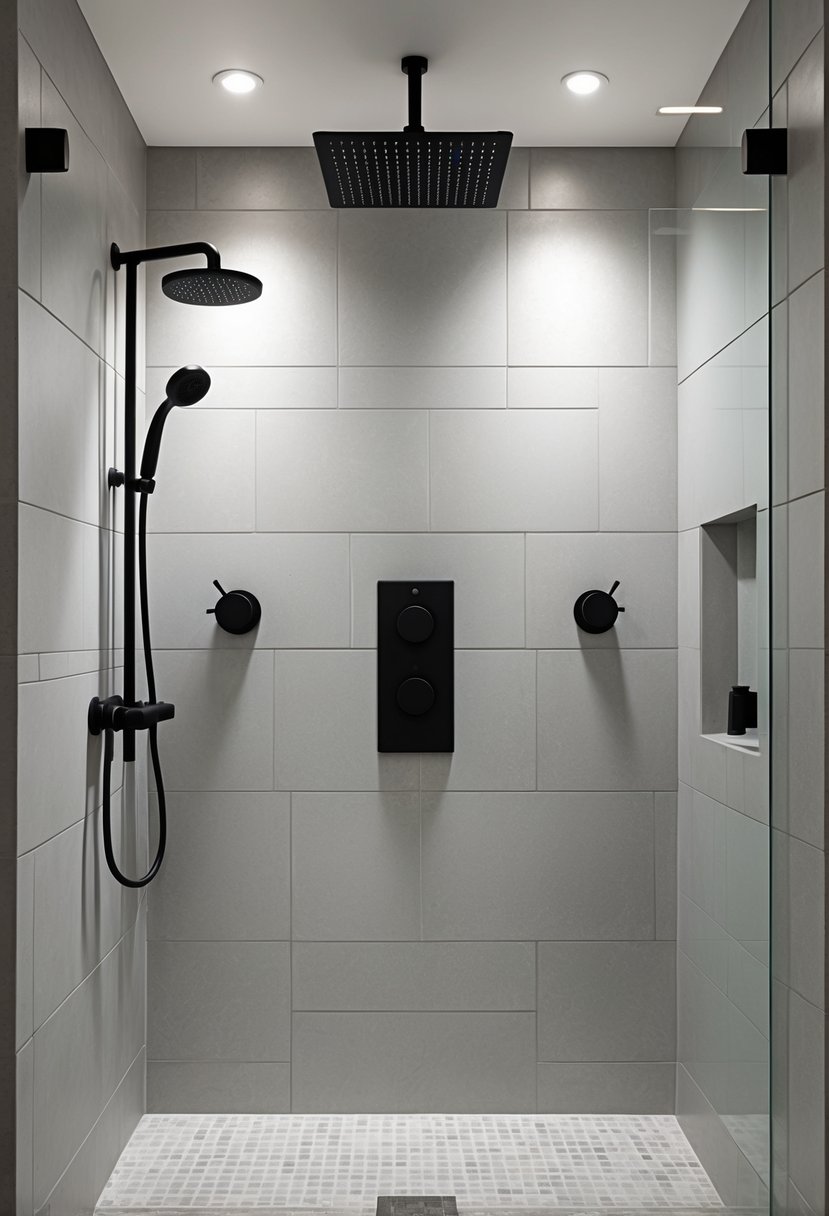 Shower Makeover Ideas 2026: 22 Stylish Upgrades for a Modern Bathroom 11 A modern shower with matte black fixtures, light gray tiled walls, and a clear glass door.