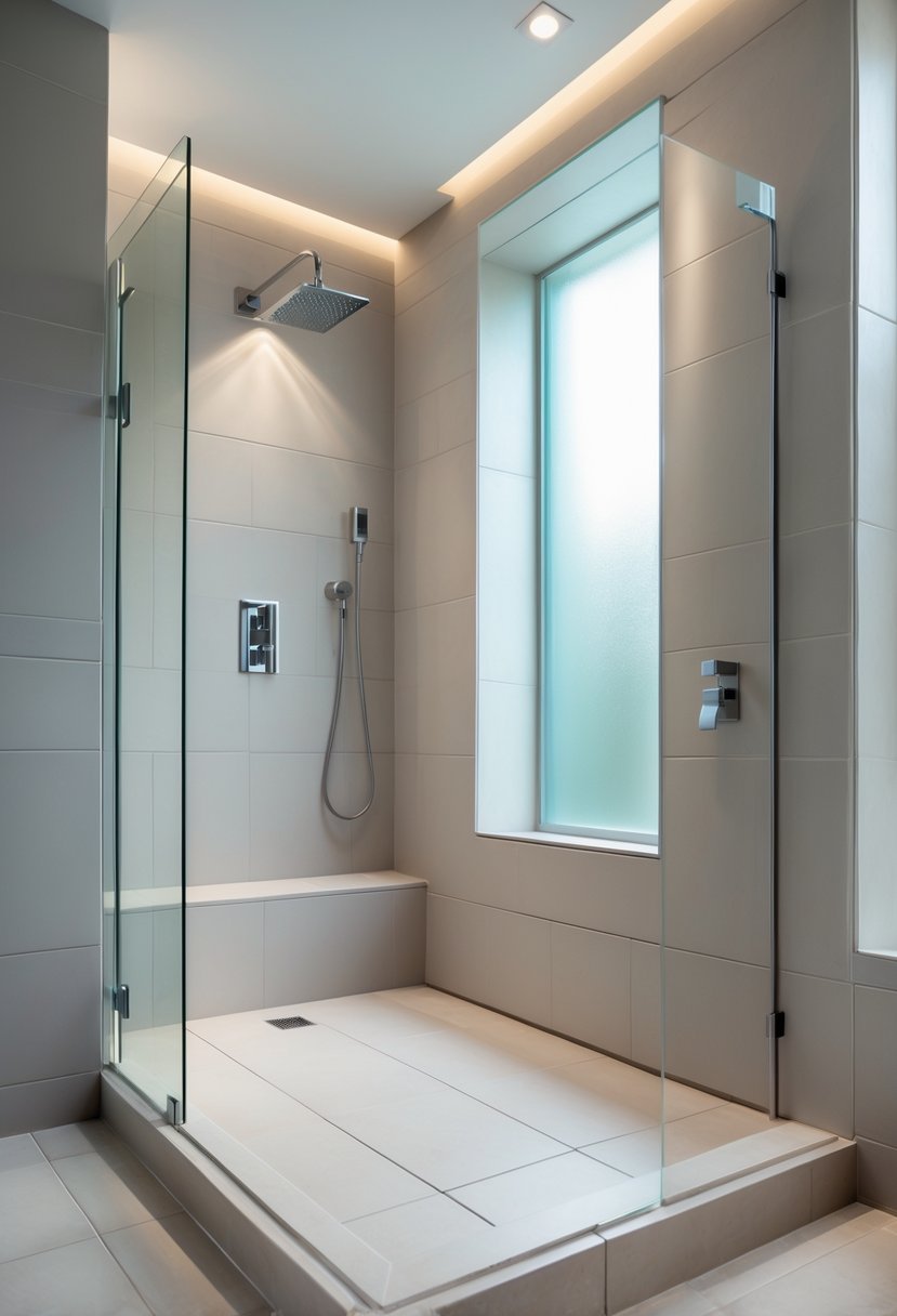 Shower Makeover Ideas 2026: 22 Stylish Upgrades for a Modern Bathroom 12 A modern bathroom with a spacious curbless walk-in shower featuring a frameless glass panel and rain showerhead.