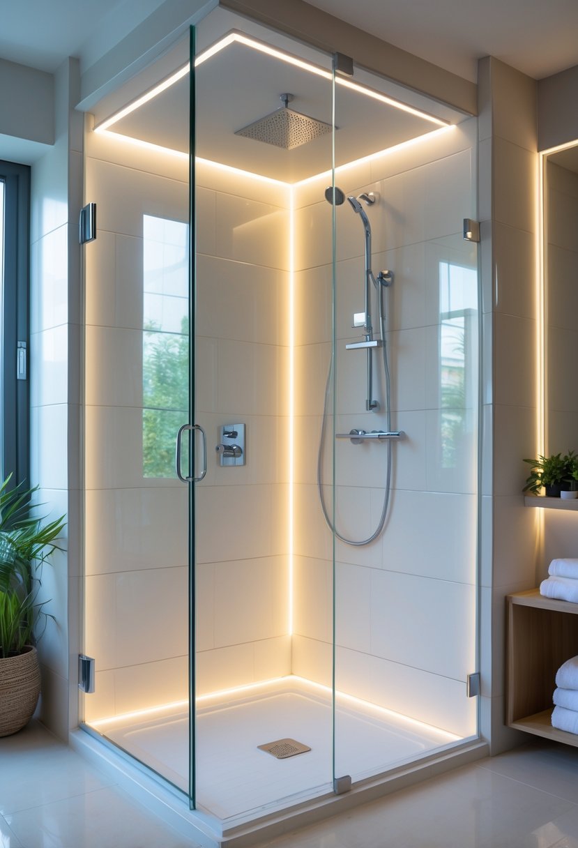 Shower Makeover Ideas 2026: 22 Stylish Upgrades for a Modern Bathroom 13 A modern glass shower with built-in LED lights glowing softly inside, surrounded by clean white tiles and chrome fixtures in a bright bathroom.