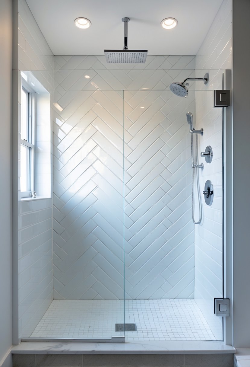 Shower Makeover Ideas 2026: 22 Stylish Upgrades for a Modern Bathroom 14 A bright and clean shower with white subway tiles arranged in a herringbone pattern, a rainfall showerhead, and a glass door.