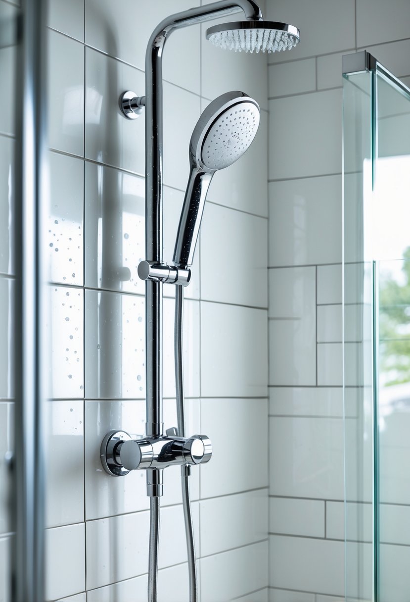 Shower Makeover Ideas 2026: 22 Stylish Upgrades for a Modern Bathroom 16 A modern bathroom shower with a handheld showerhead attached to a vertical slide bar on a tiled wall.
