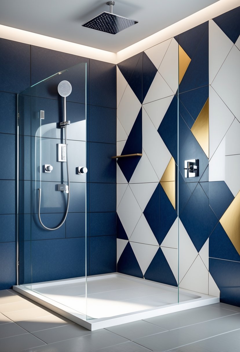 Shower Makeover Ideas 2026: 22 Stylish Upgrades for a Modern Bathroom 17 A modern shower interior with colorful geometric tile accents, chrome fixtures, and a glass door.
