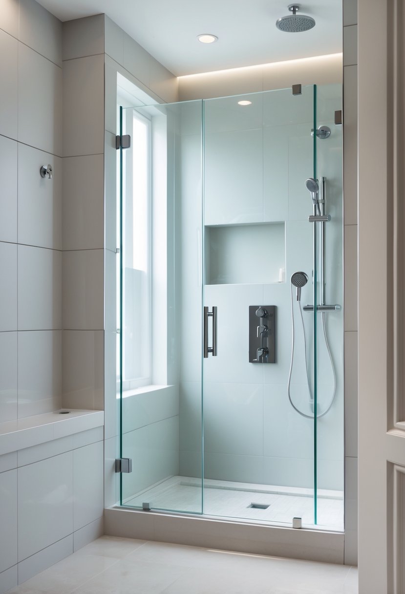 Shower Makeover Ideas 2026: 22 Stylish Upgrades for a Modern Bathroom 18 A modern bathroom with a frameless pivot shower door being installed, showing a clean glass door opening into a bright shower area.
