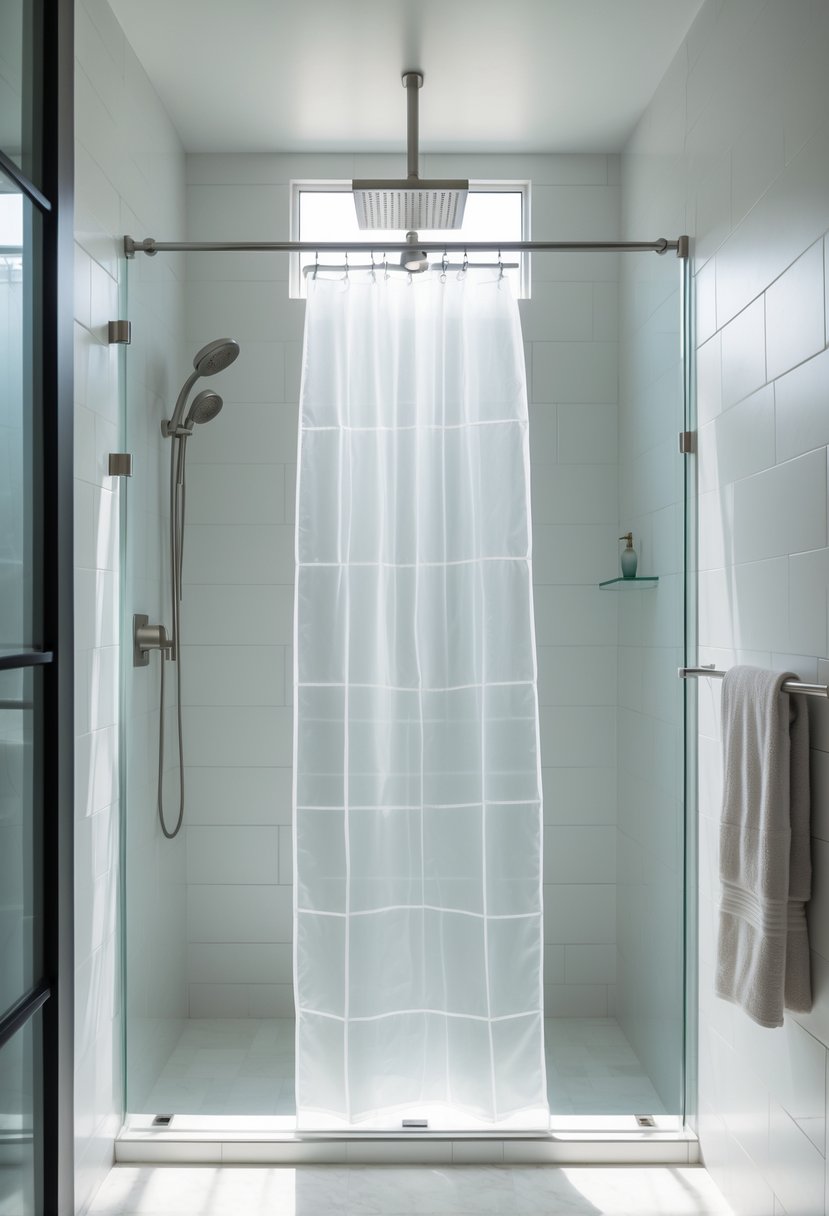 Shower Makeover Ideas 2026: 22 Stylish Upgrades for a Modern Bathroom 19 A modern bathroom shower with a rain curtain rod and translucent curtain installed above a glass enclosure.