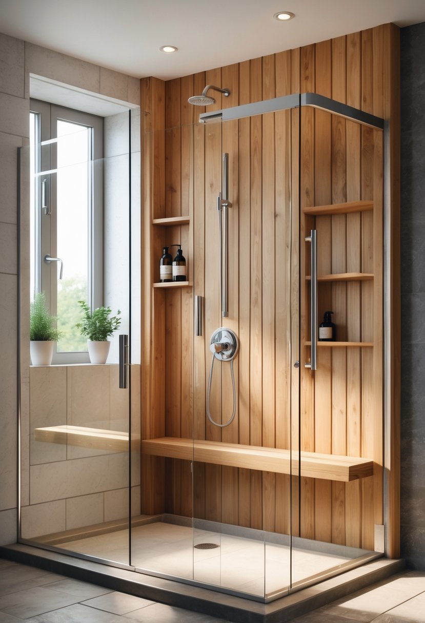 Shower Makeover Ideas 2026: 22 Stylish Upgrades for a Modern Bathroom 20 A modern bathroom shower with glass doors and natural wood panels on the walls and shelves, illuminated by soft natural light.