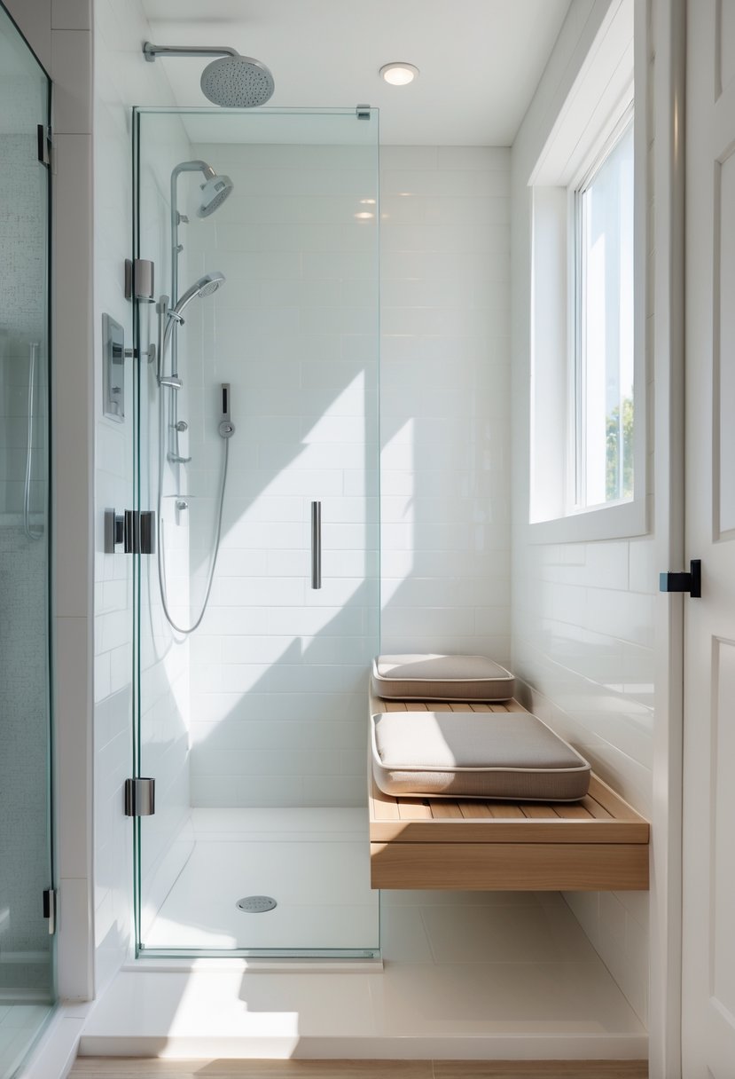 Shower Makeover Ideas 2026: 22 Stylish Upgrades for a Modern Bathroom 22 A bright shower area with a bench that has waterproof cushions inside a glass-enclosed shower.