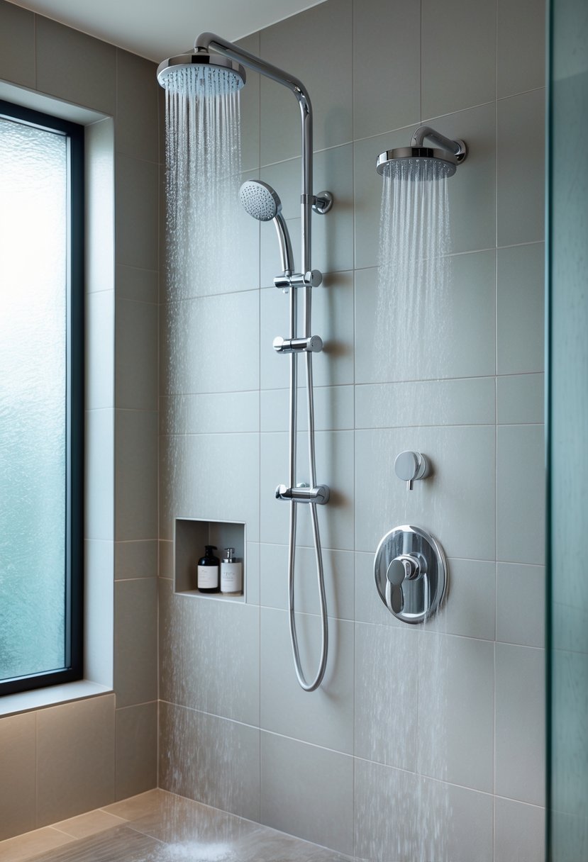 Shower Makeover Ideas 2026: 22 Stylish Upgrades for a Modern Bathroom 23 A modern bathroom shower with two chrome showerheads mounted on a tiled wall, water flowing from both, and natural light coming through a frosted window.