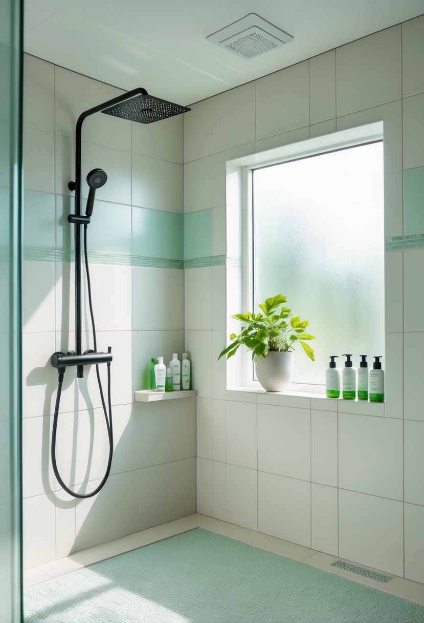 Shower Makeover Ideas 2026: 22 Stylish Upgrades for a Modern Bathroom 24 A bright shower with low-flow fixtures, light tiles, a rainfall showerhead, a small plant, and eco-friendly bath products on a shelf.