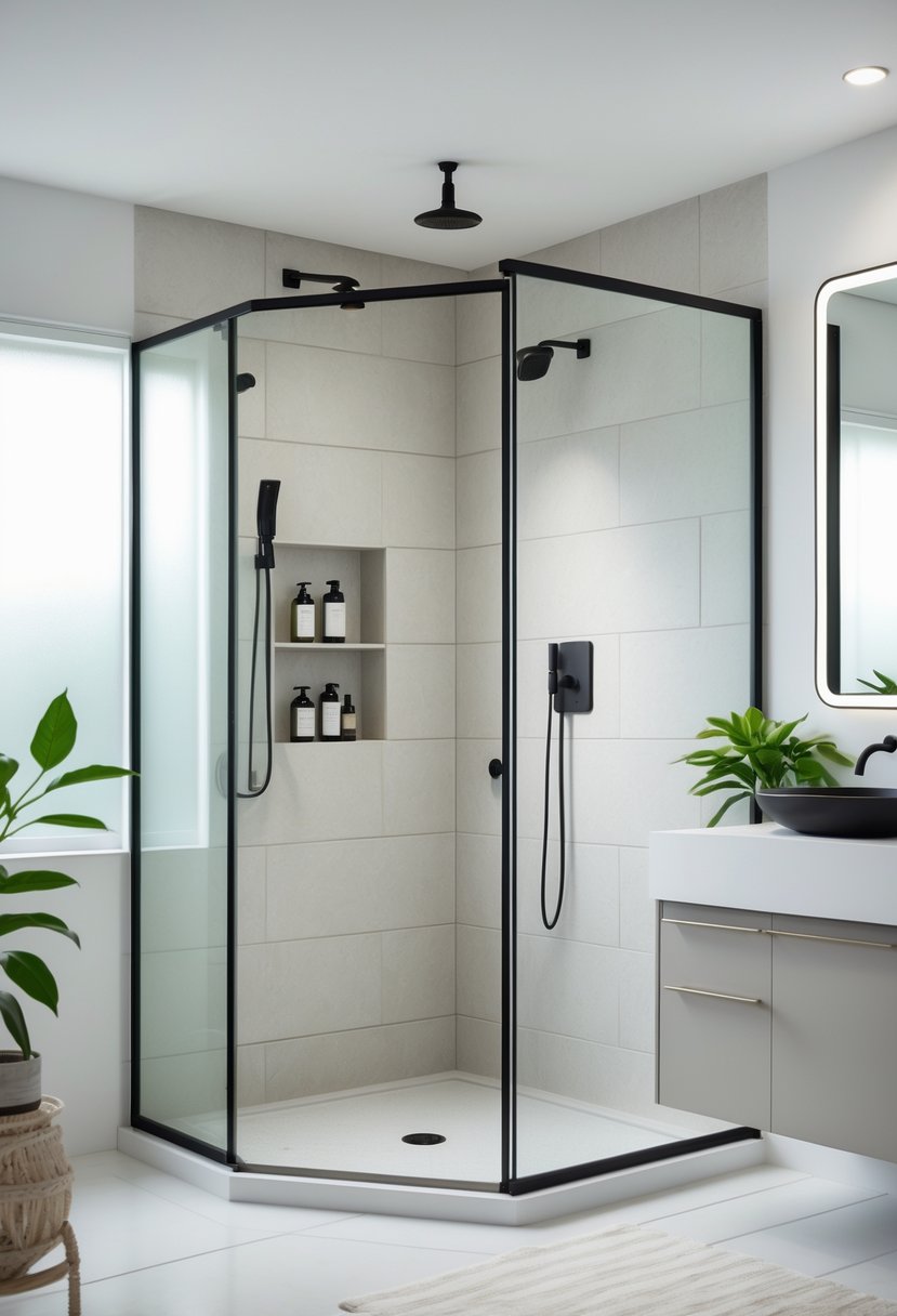Shower Makeover Ideas 2026: 22 Stylish Upgrades for a Modern Bathroom 25 A modern bathroom with a sleek shower featuring glass doors, black fixtures, built-in shelves, and natural light coming through a window.