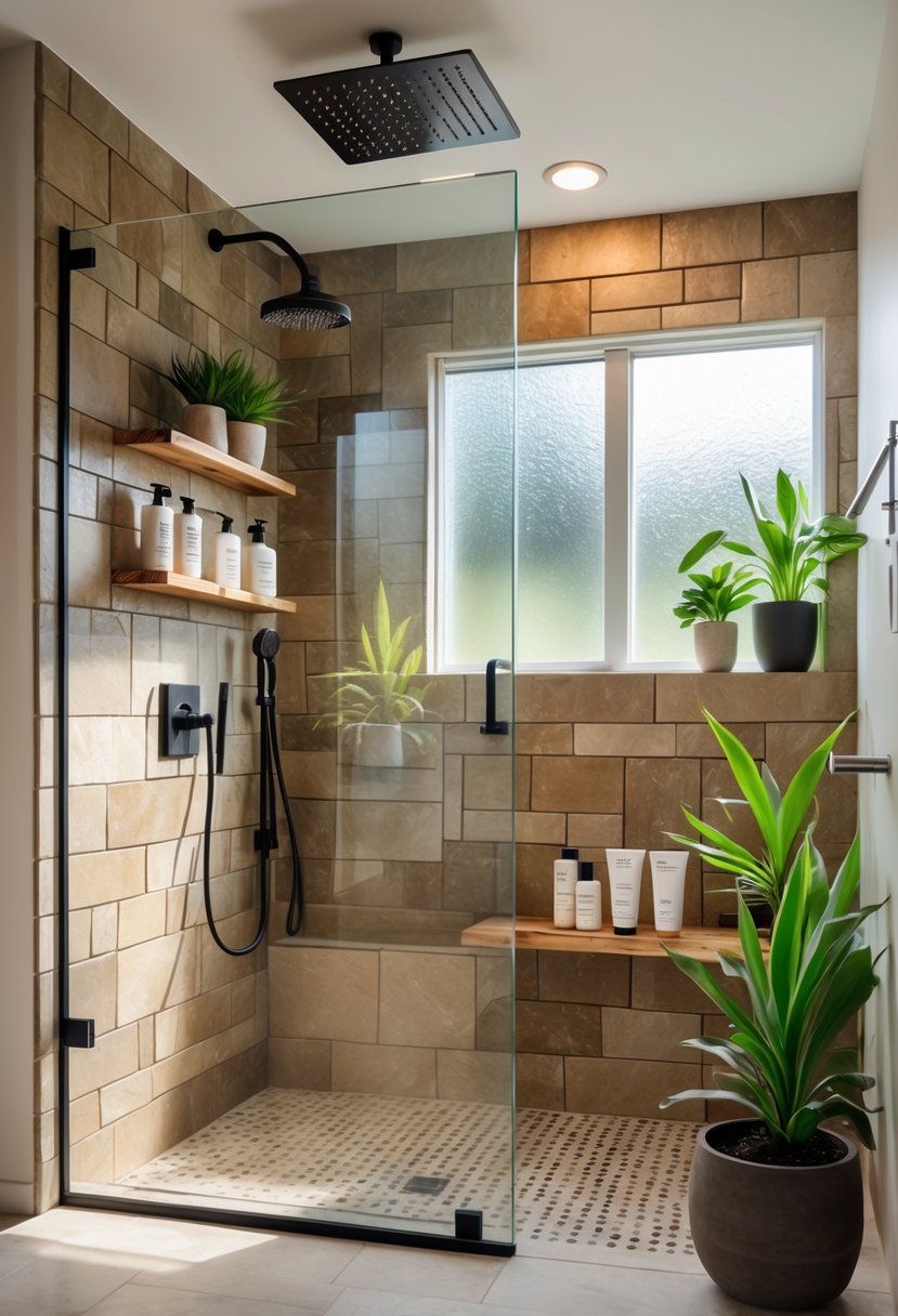 Shower Makeover Ideas 2026: 22 Stylish Upgrades for a Modern Bathroom 26 A bright bathroom with a modern shower featuring natural stone tiles, glass door, wooden shelves with bath products, green plants, and eco-friendly water-saving fixtures.