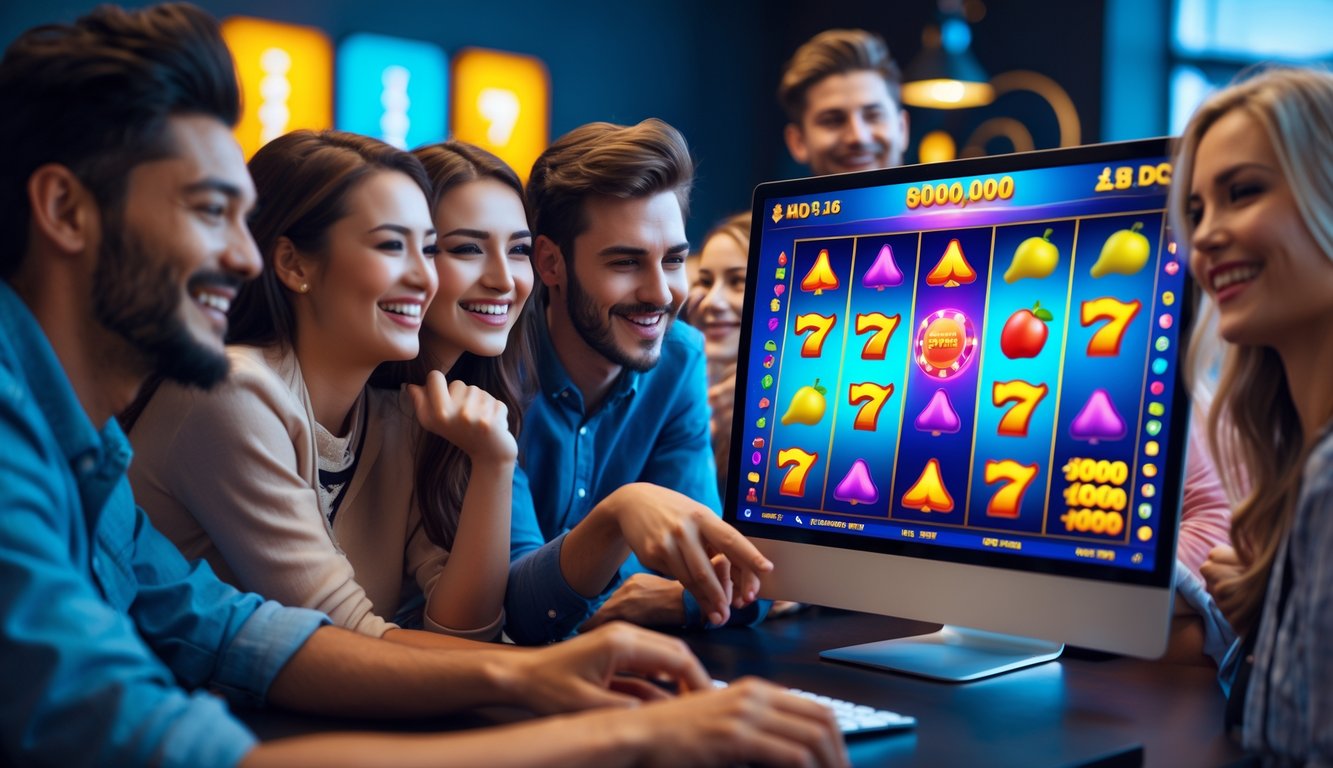 Sekelompok orang muda sedang bermain game slot online di depan layar komputer dengan ekspresi senang dan antusias.