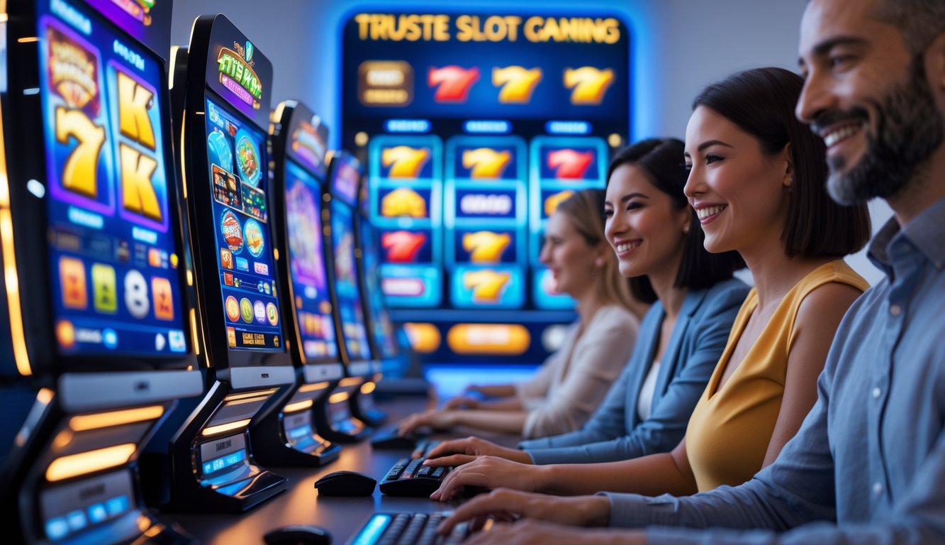 Orang-orang sedang bermain mesin slot online dengan perangkat digital di ruangan yang terang dan modern.