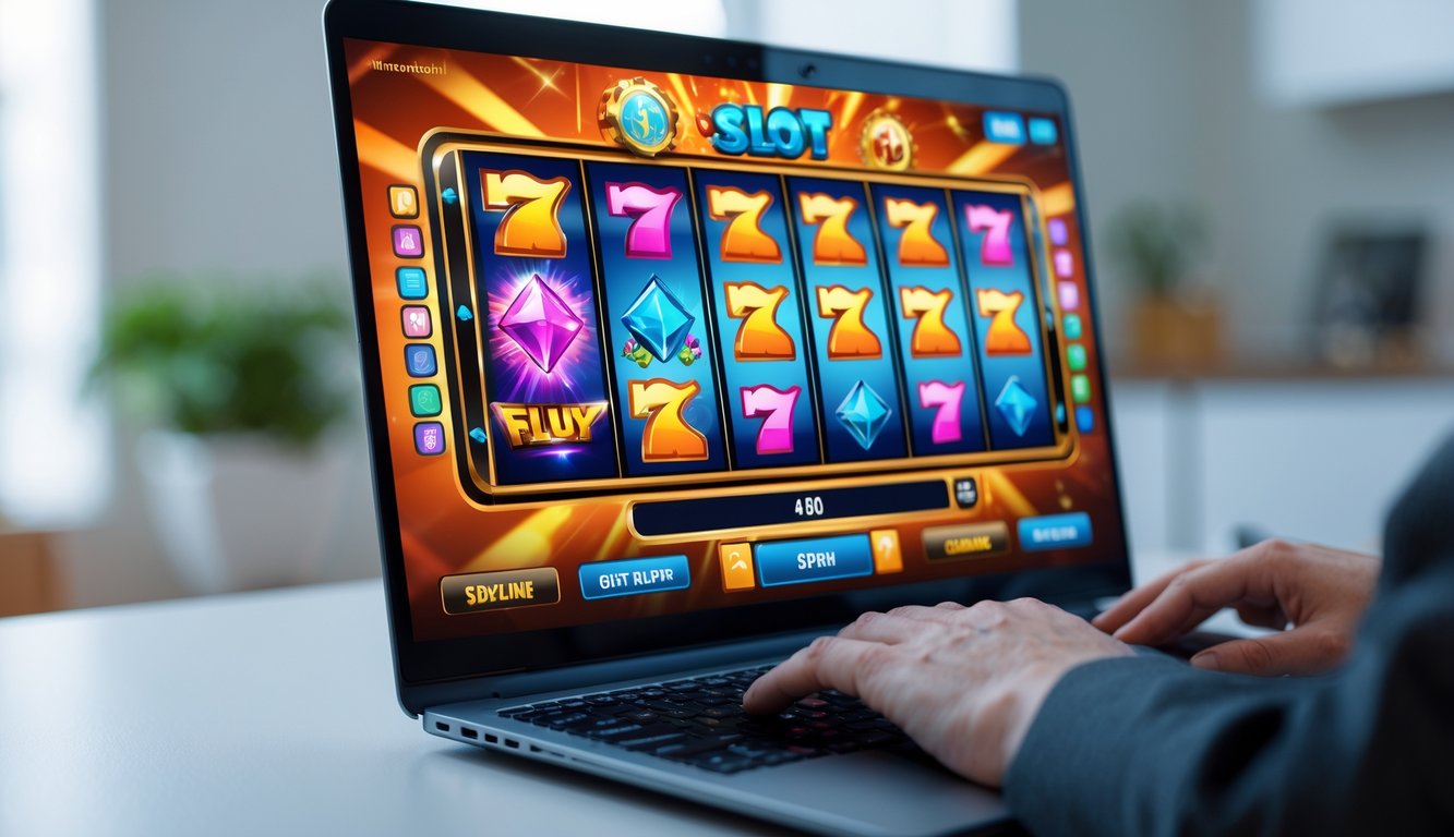 Seseorang sedang bermain permainan slot online di komputer dengan tampilan layar yang berwarna-warni dan menarik.
