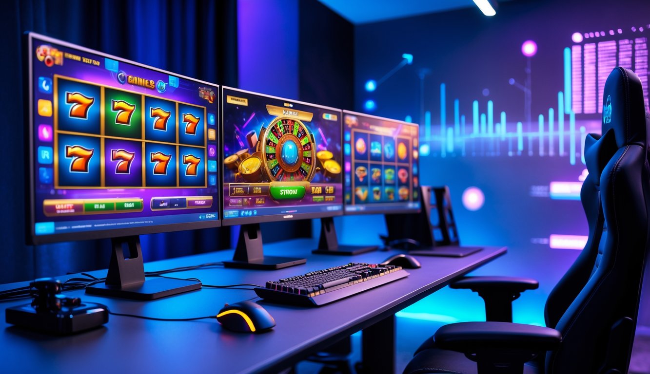 Sebuah meja komputer modern dengan beberapa monitor yang menampilkan permainan slot online berwarna-warni di dalam ruangan dengan pencahayaan ambient biru dan ungu.